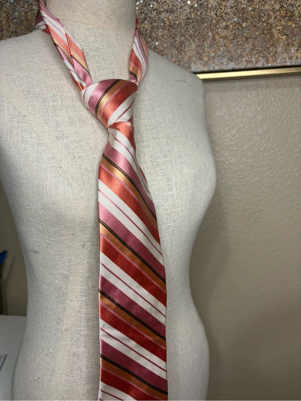Ike Behar New York Silk Tie Pink Mauve Bronze Coral White Striped Luxury